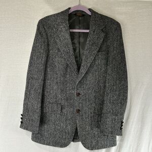 Vintage Harris Tweed Blazer Herringbone Mens 40R USA Pure Scottish Wool Grey